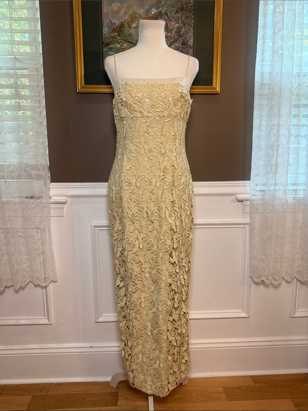 Daymor Couture Champagne Guipure Lace Column Gown Formal 90s Y2K‎ Dress 6